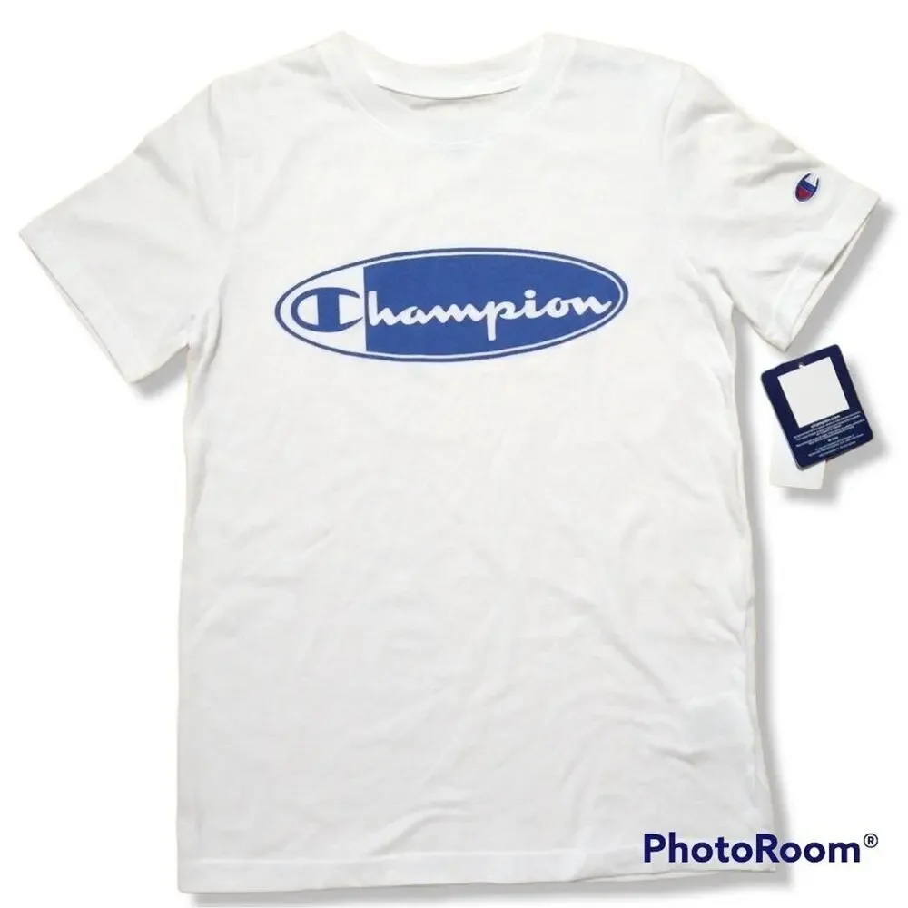Champion Boys T-Shirt Size Small (S) White Crew Neck Short Sleeve Blue Logo